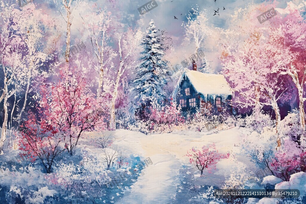 手绘雪夜风景无框画