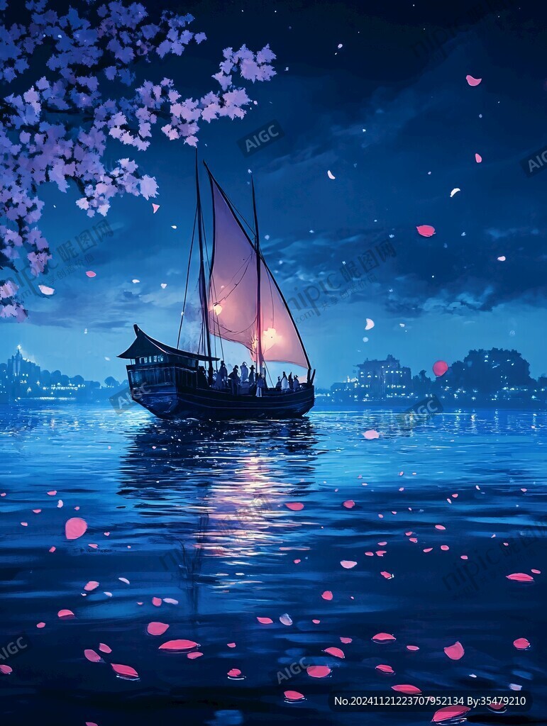 花瓣飘落山水画