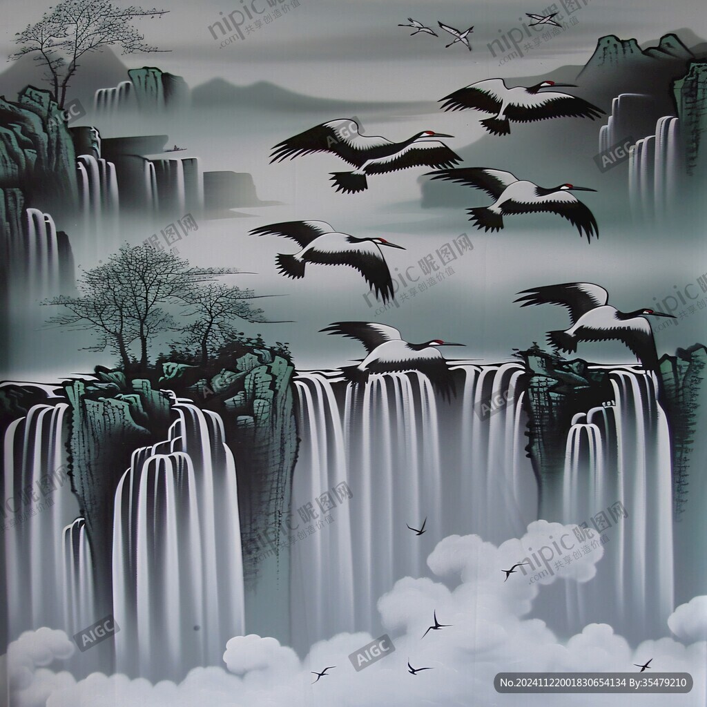 高端青绿山水仙鹤