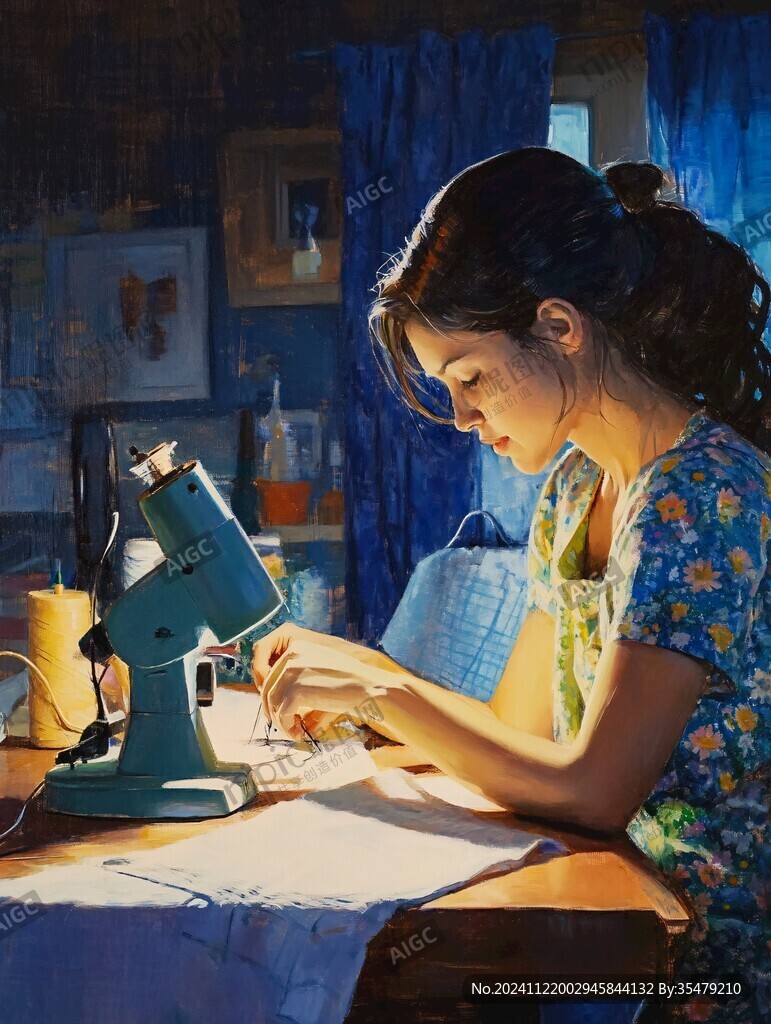 女工认真的缝衣服