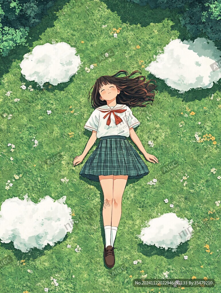 蓝天白云女孩插画