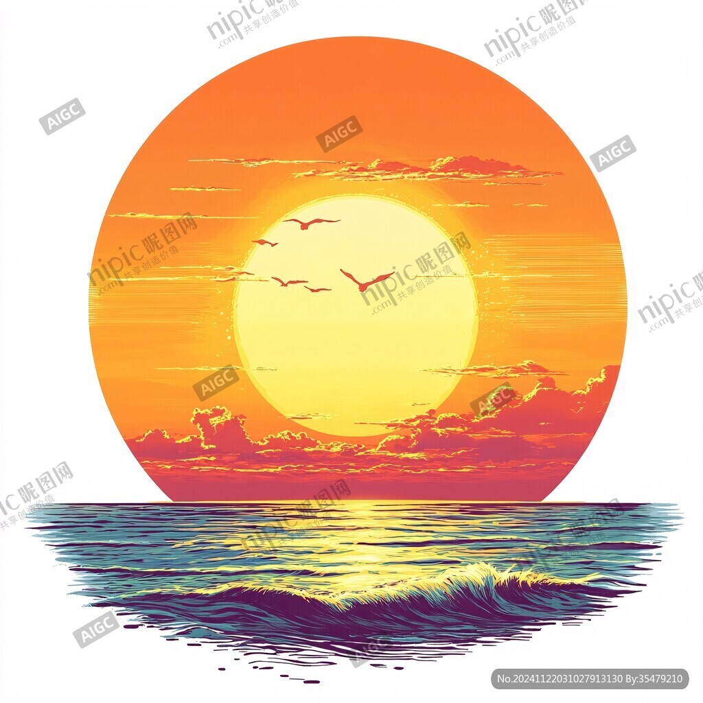 手绘海浪旭日东升