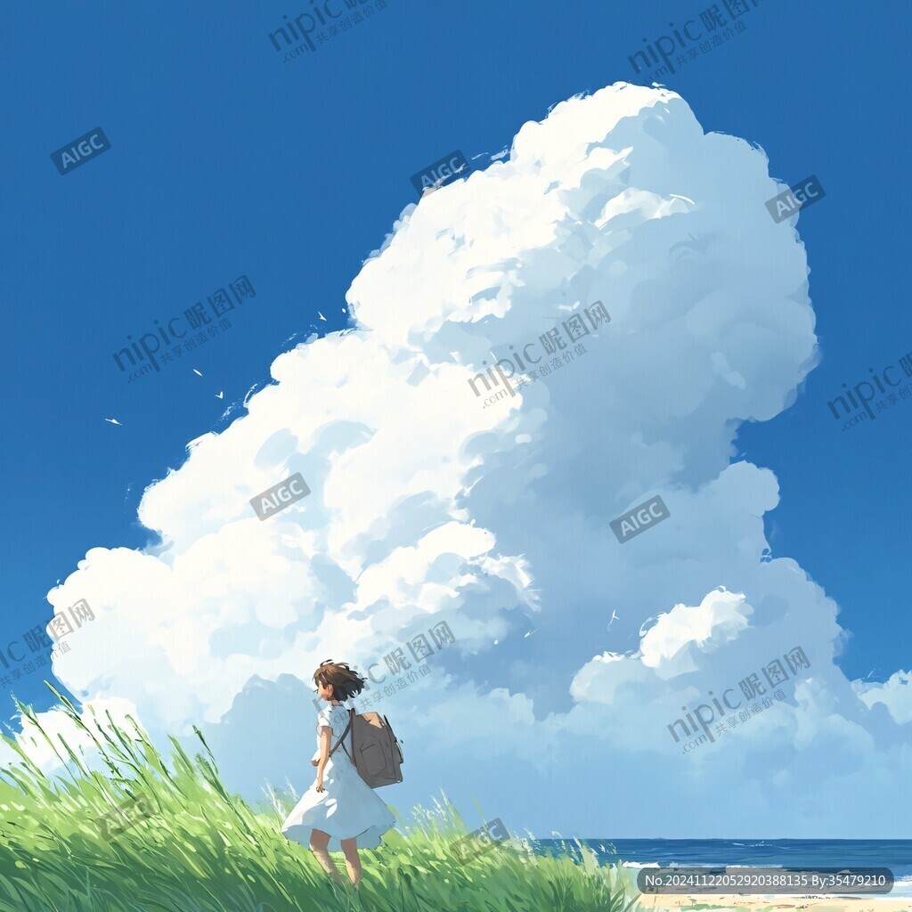 蓝天白云女孩插画