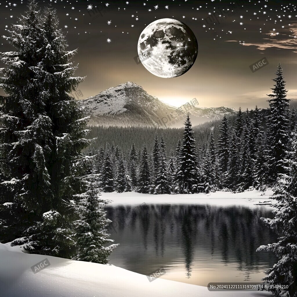 手绘雪夜风景无框画