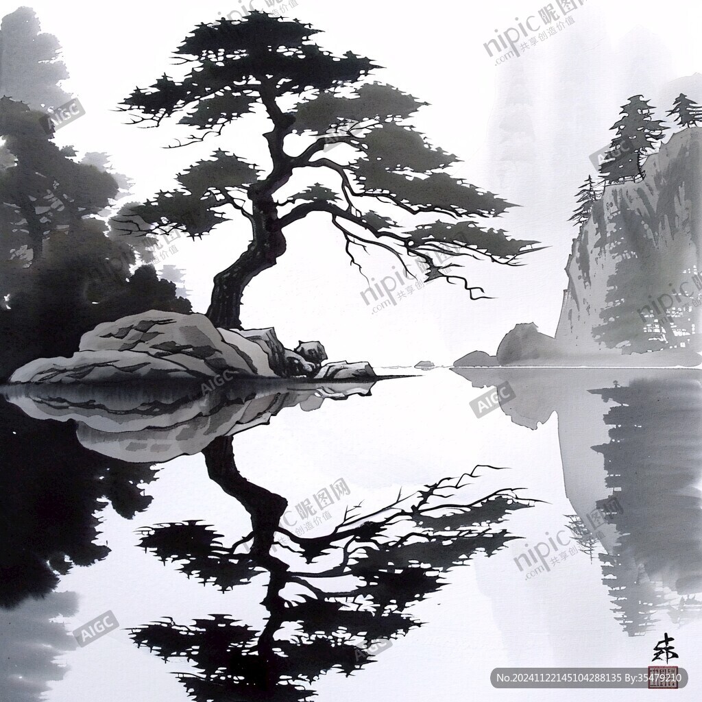 迎客松松树禅意山水