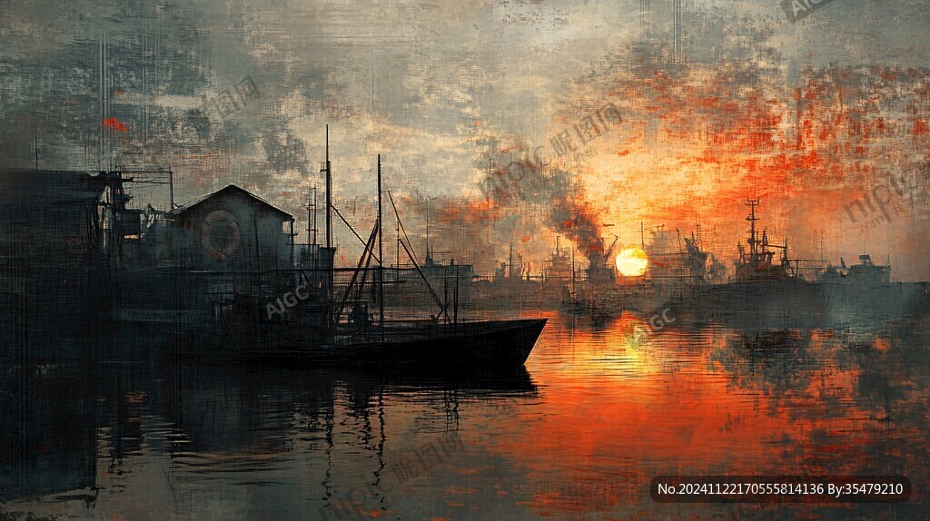 屏风条屏日出油画渔船