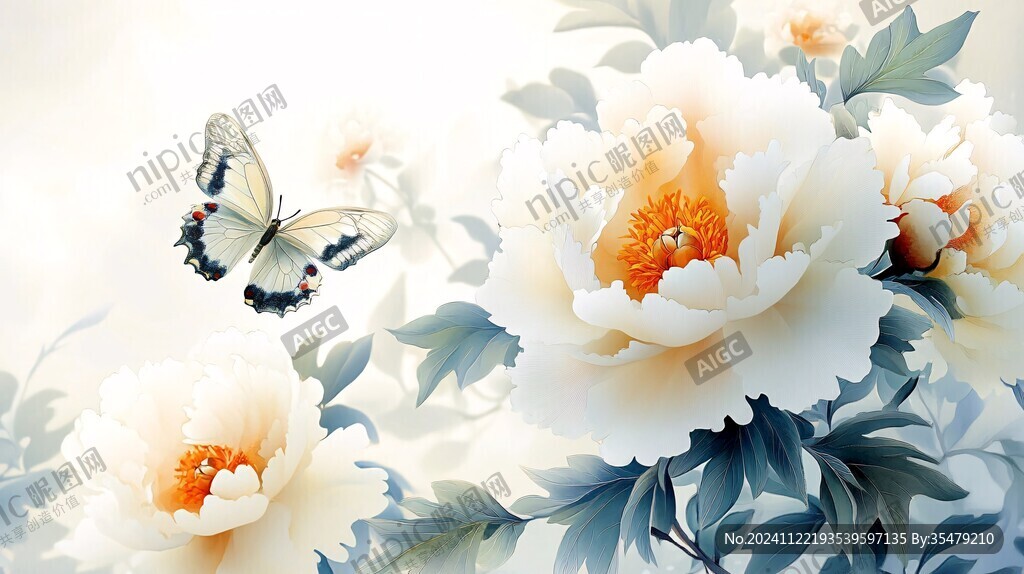 牡丹花装饰画蝶恋花