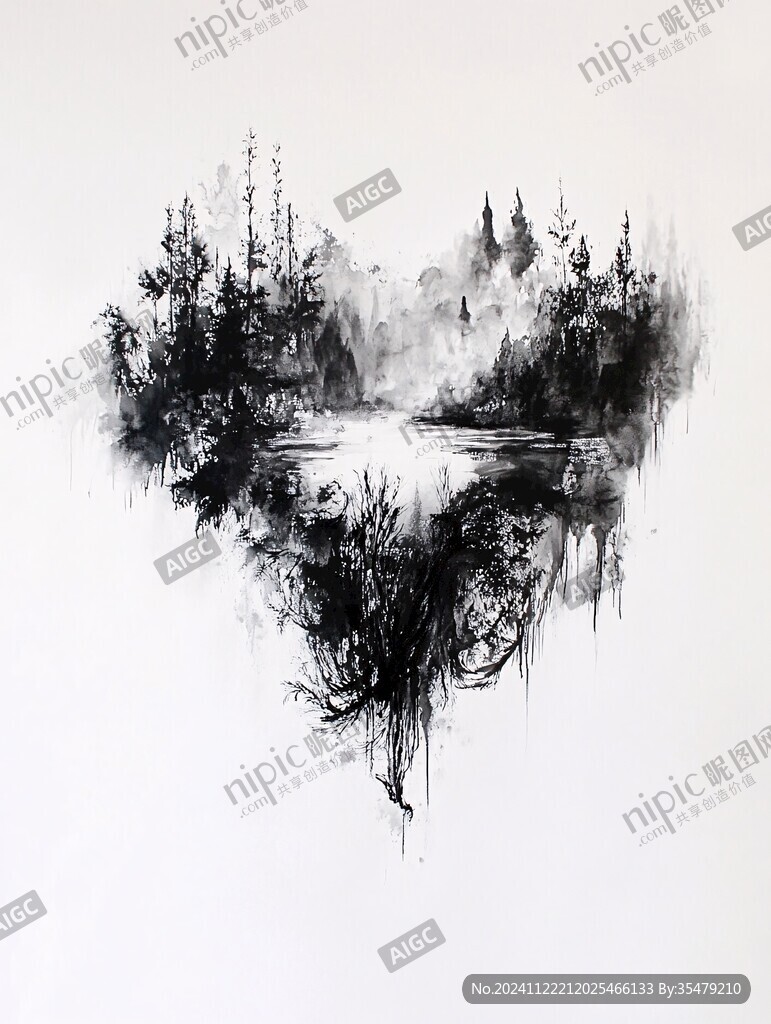 倒影水墨画
