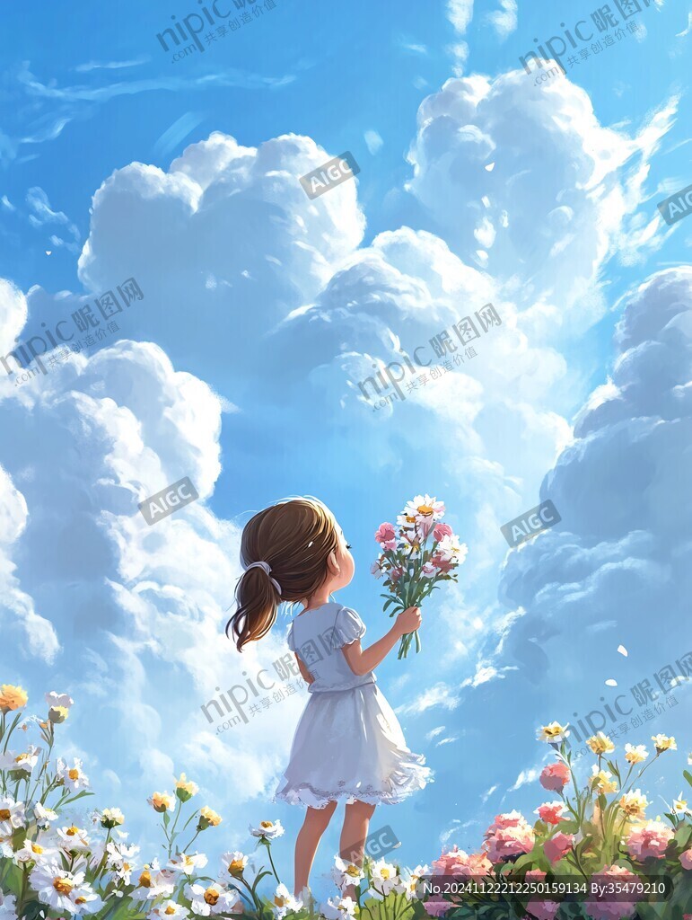 蓝天白云女孩插画