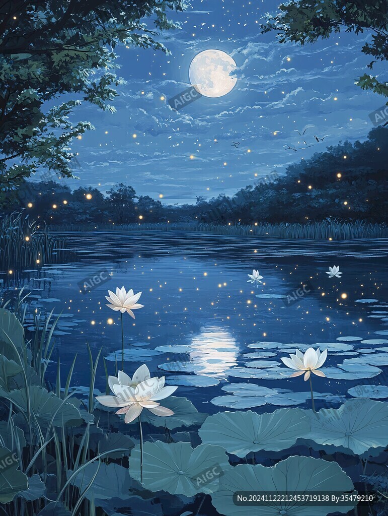 月色中的水浮莲