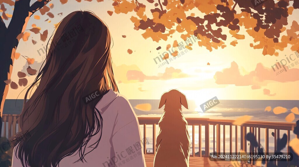 女学生夕阳下插画