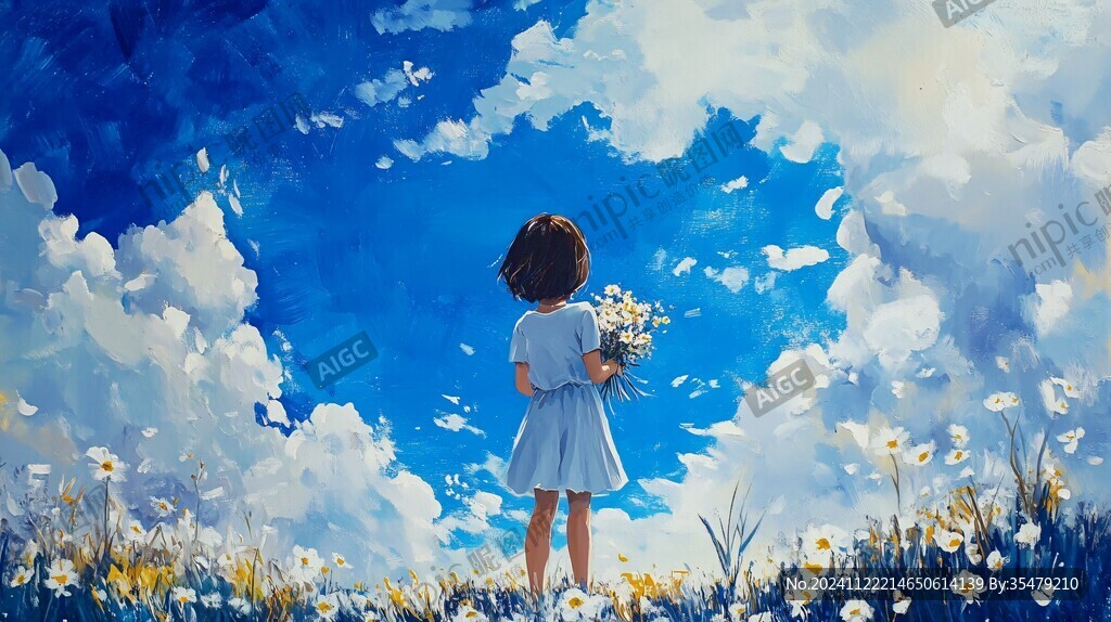 蓝天白云女孩插画