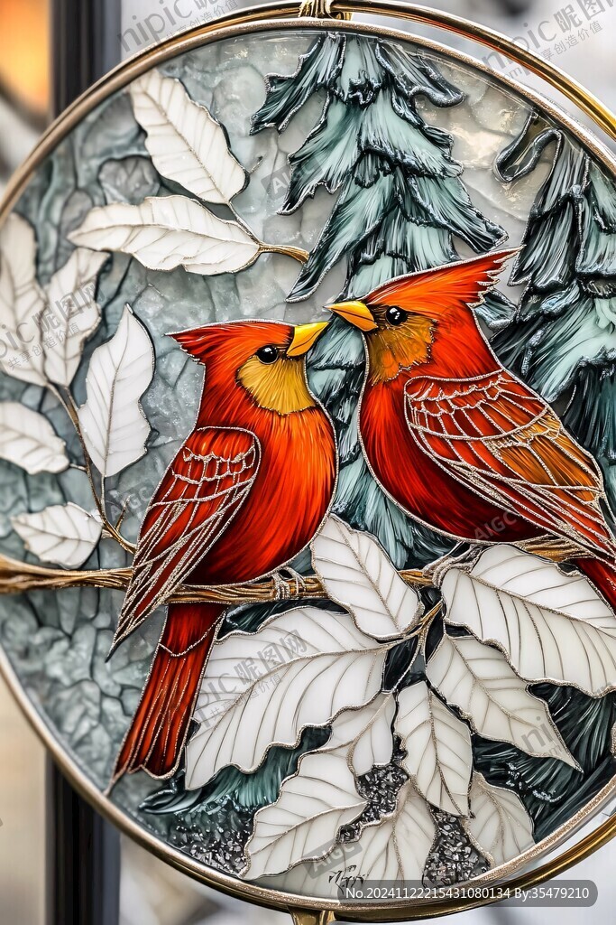 手绘花鸟圆形挂画