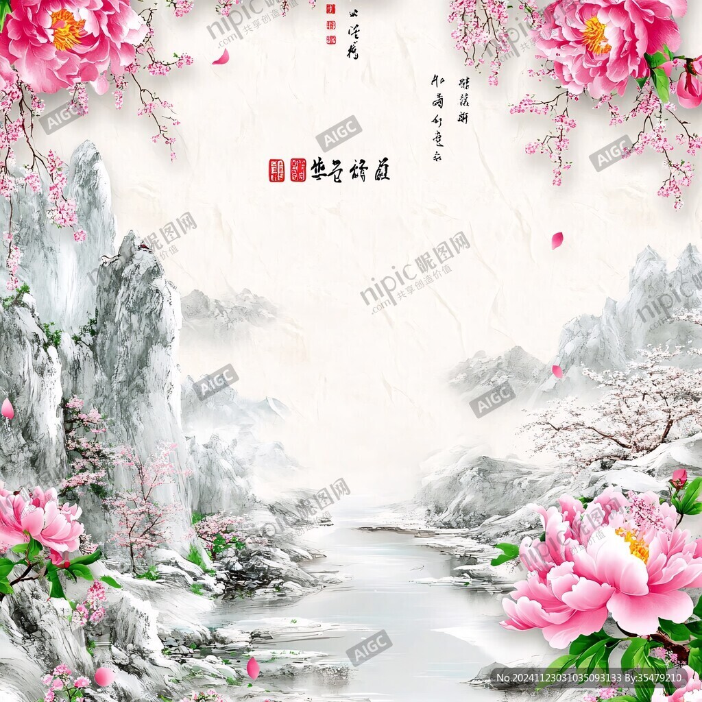 古意山水红花背景墙