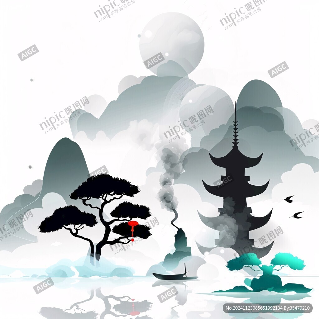 迎客松松树禅意山水