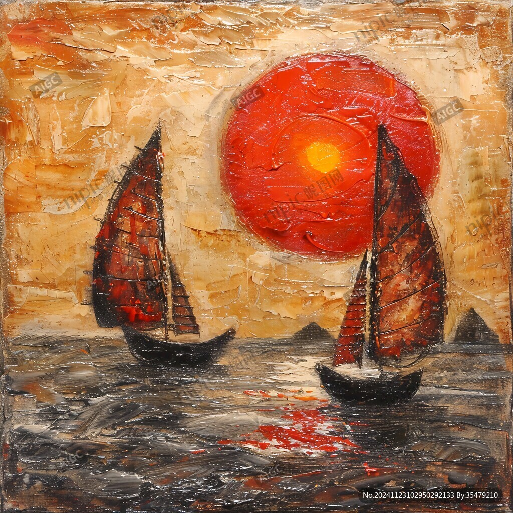屏风条屏日出油画渔船
