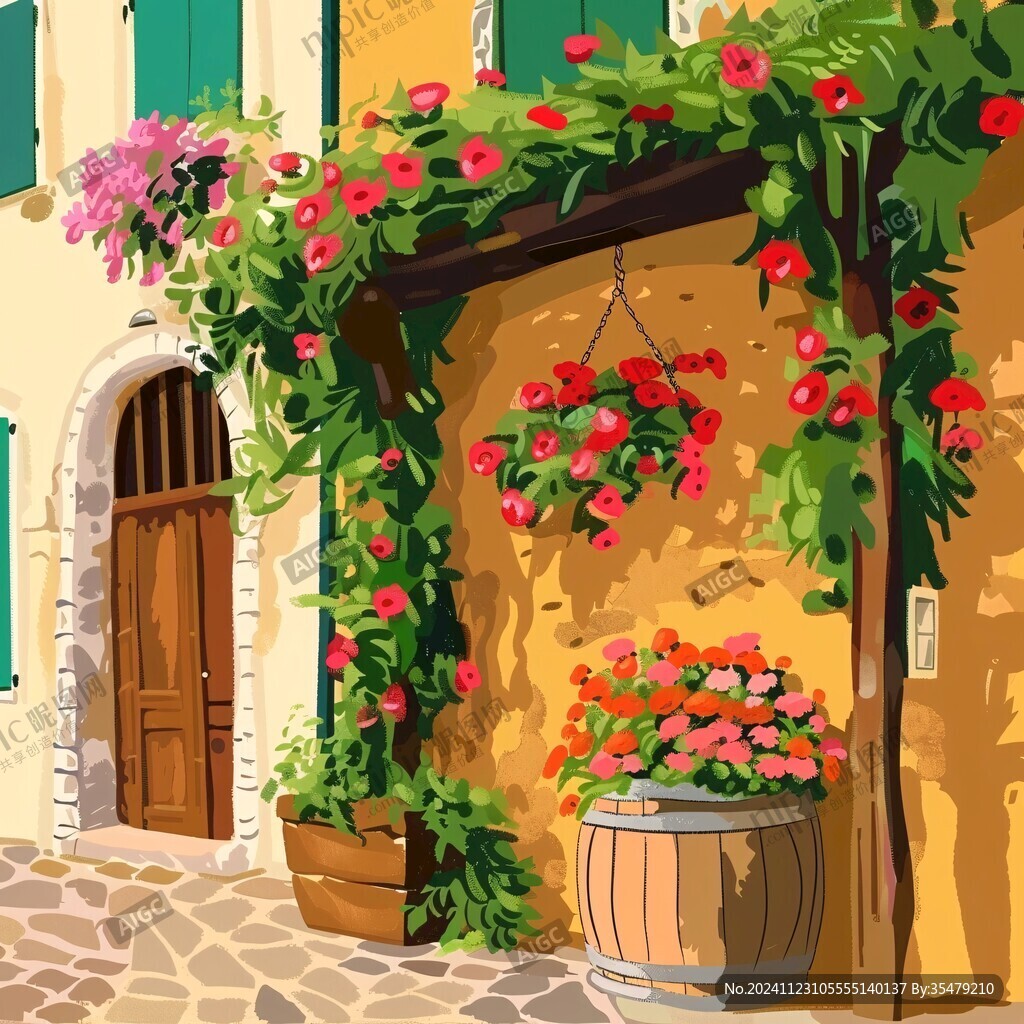 开满鲜花的窗户插画
