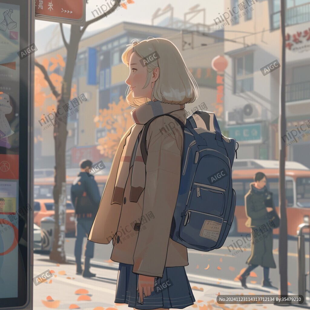 女学生夕阳下插画