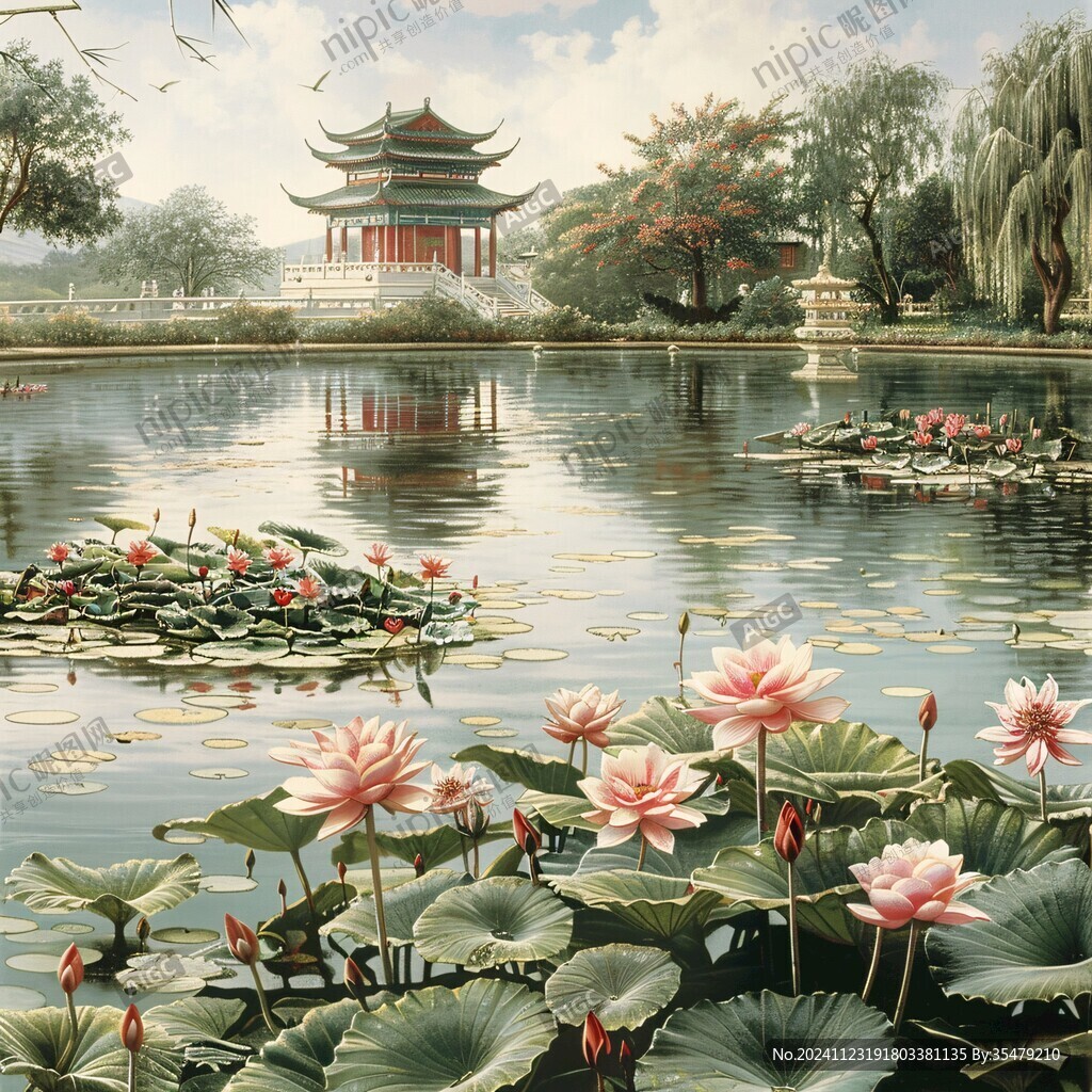 古风亭台楼阁油画