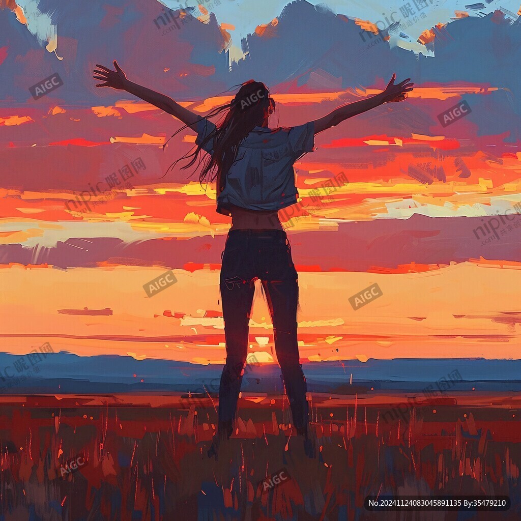 女学生夕阳下插画