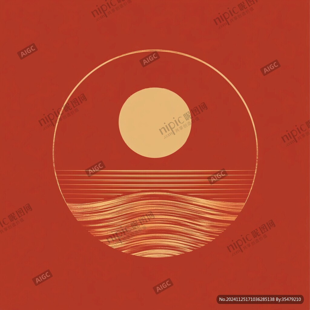 手绘海浪旭日东升