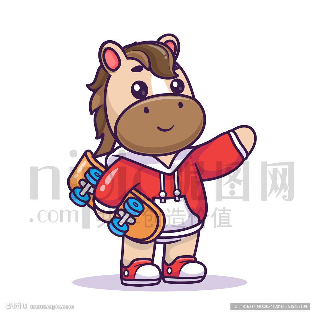可爱卡通玩滑板的马