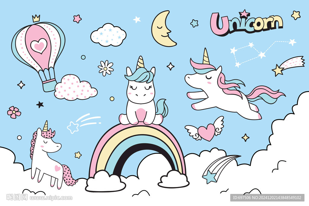 可爱彩虹独角兽卡通云朵星空背景