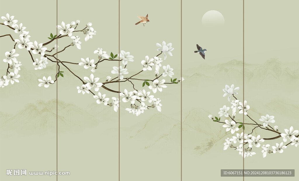 新中式工笔花鸟画背景墙