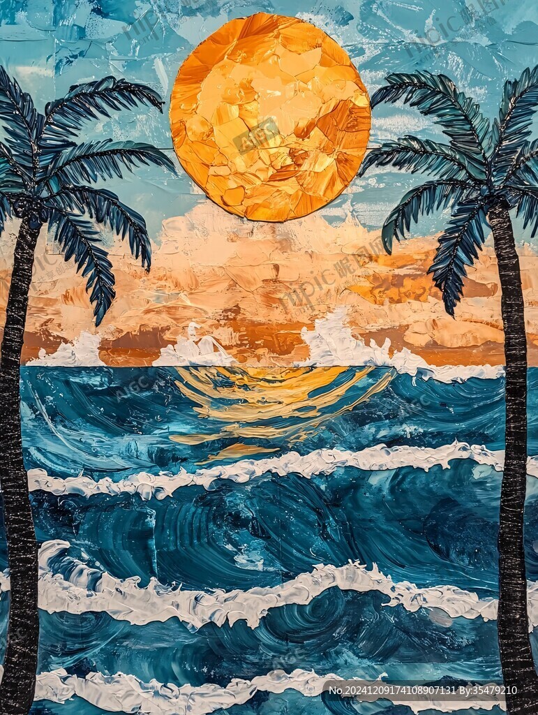 手绘海浪旭日东升