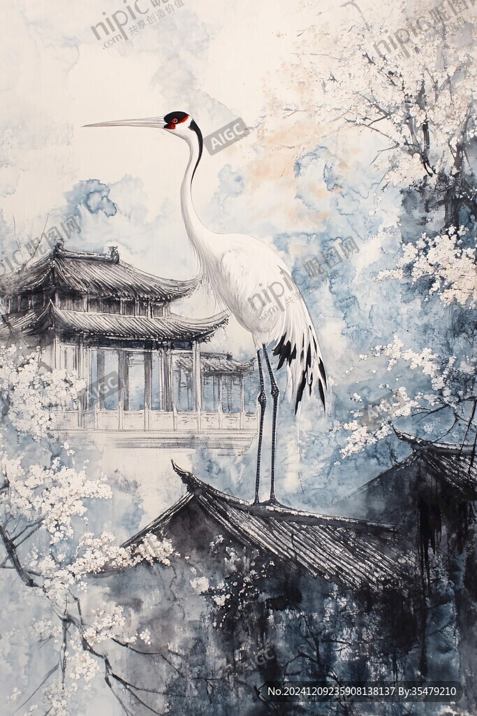 唯美仙鹤风景插画