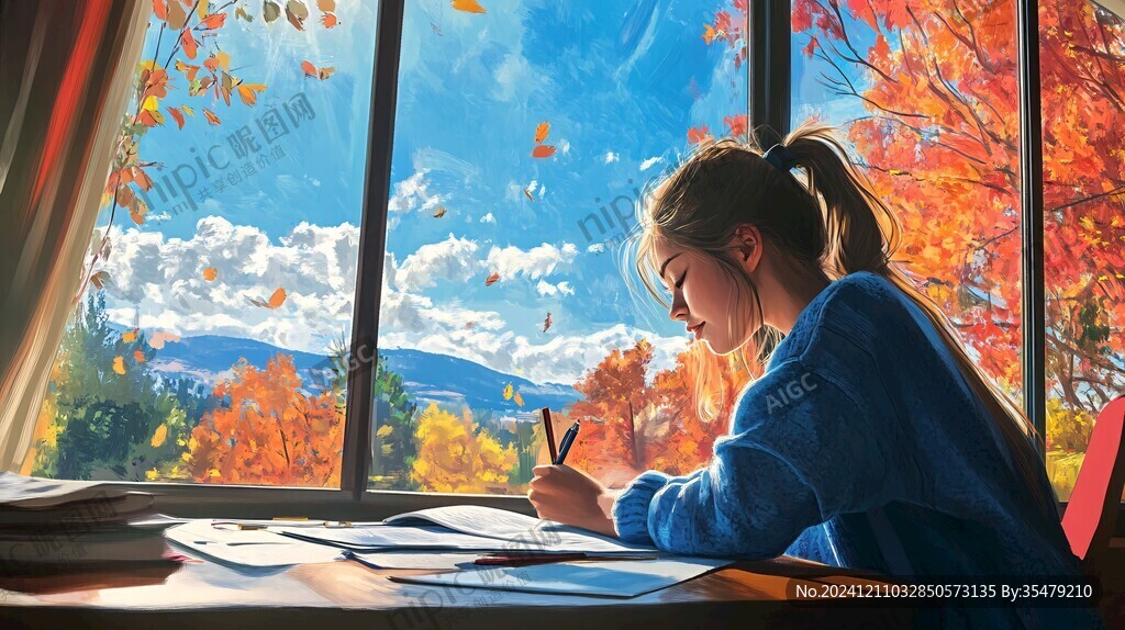 女学生夕阳下插画