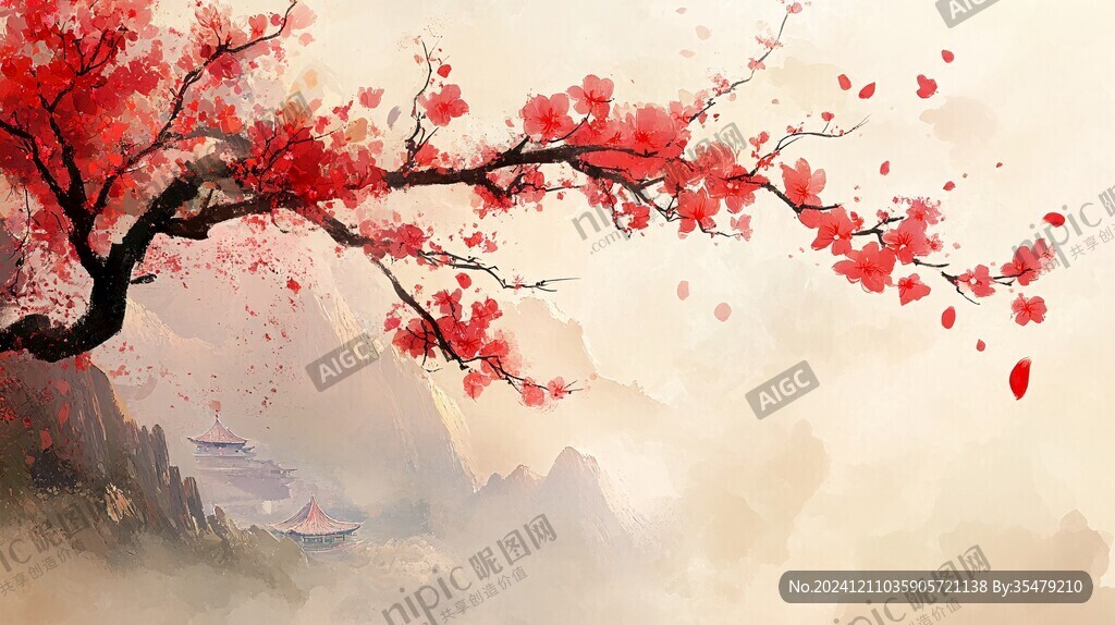 花瓣飘落山水画