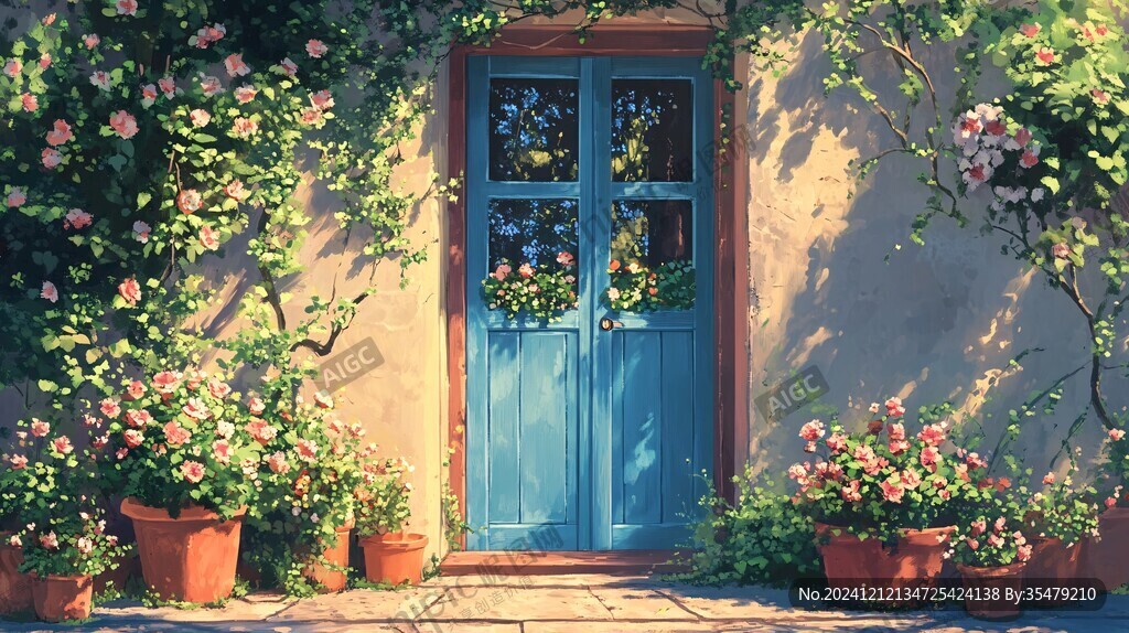 开满鲜花的窗户插画