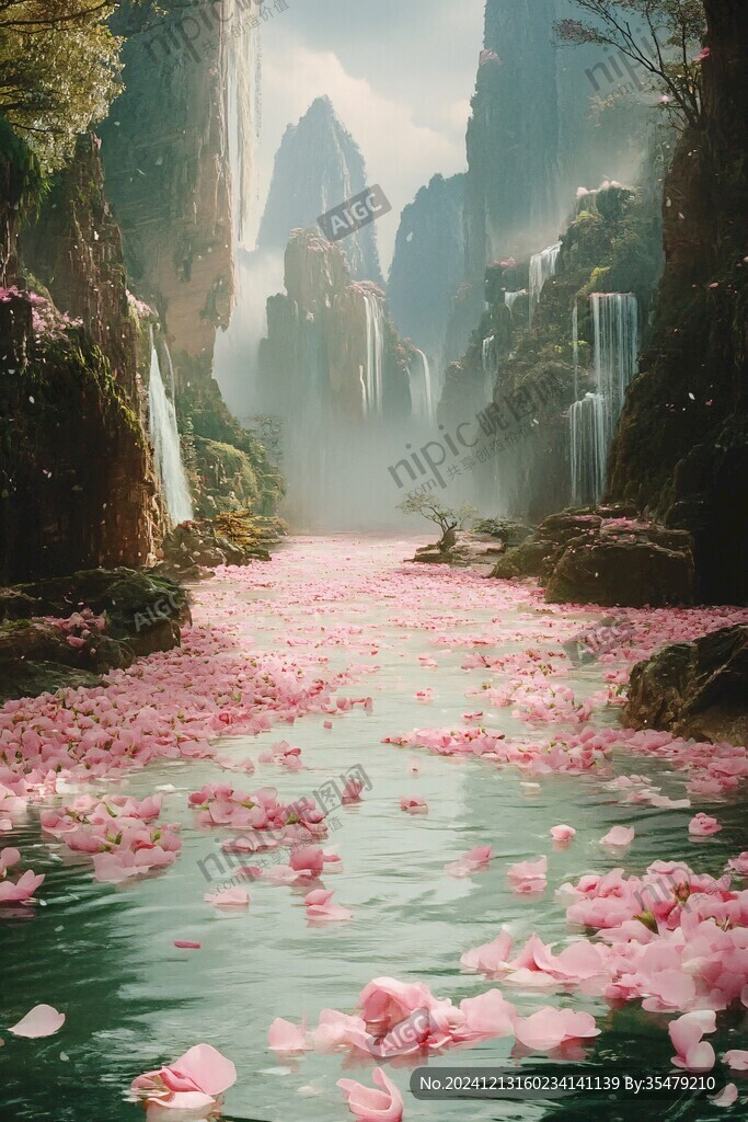 花瓣飘落山水画