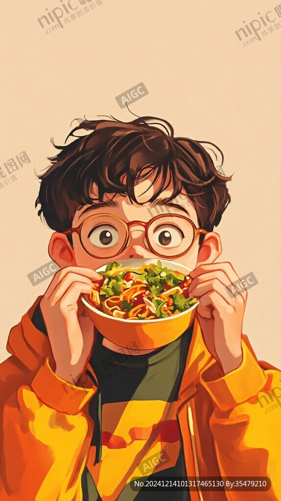 吃螺蛳粉的男孩插画