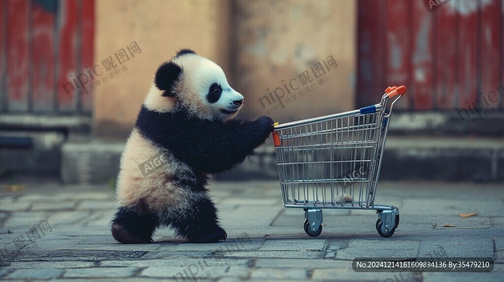 熊猫购物车插画