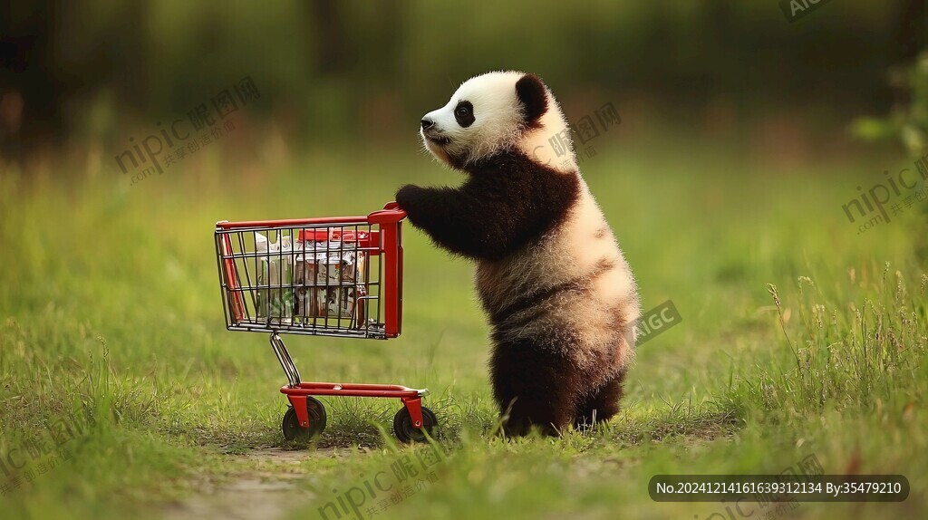 熊猫购物车插画