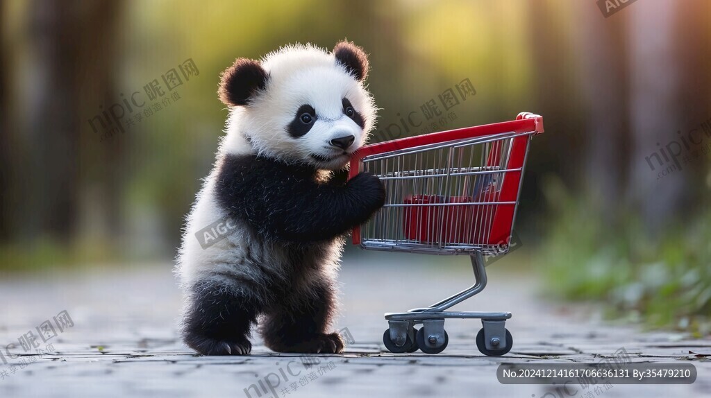 熊猫购物车插画