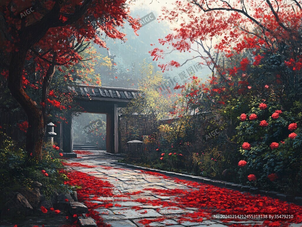 中式民居红枫树