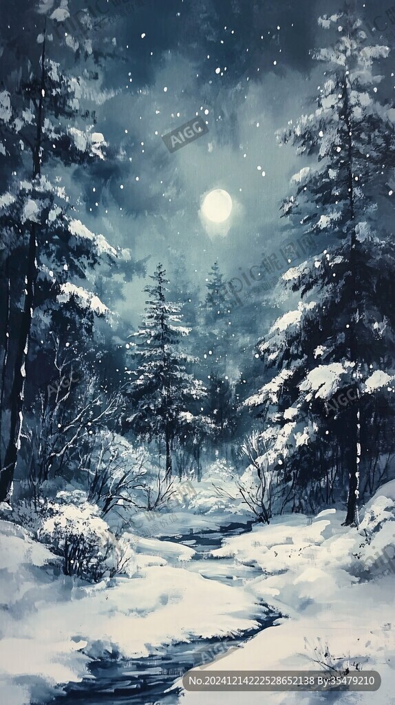 手绘雪夜风景无框画