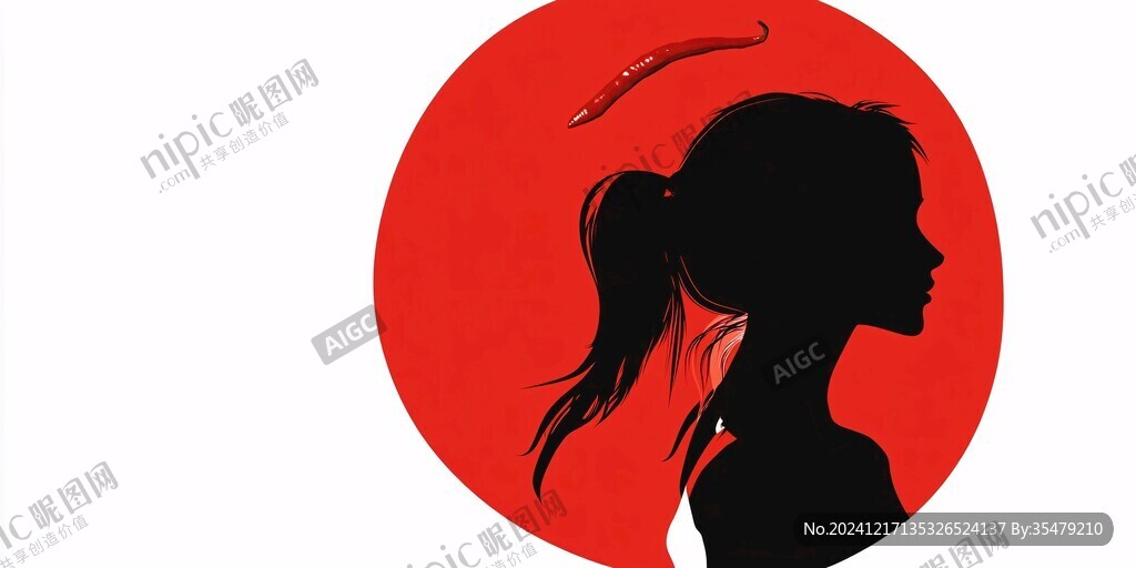 红圆背景下的女性剪影