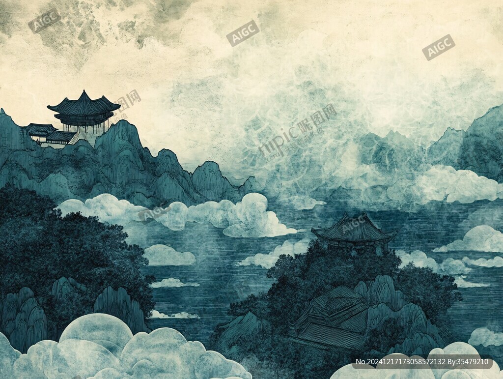 横店地标建筑山水画