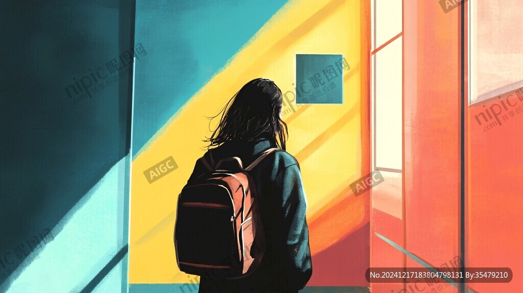 女学生夕阳下插画