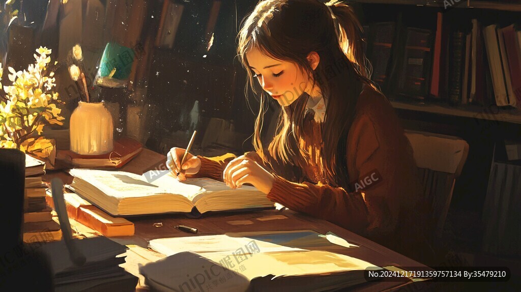 女学生夕阳下插画