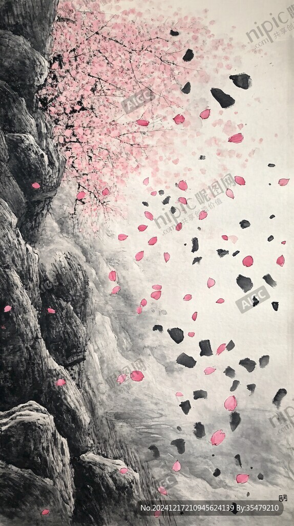 花瓣飘落山水画