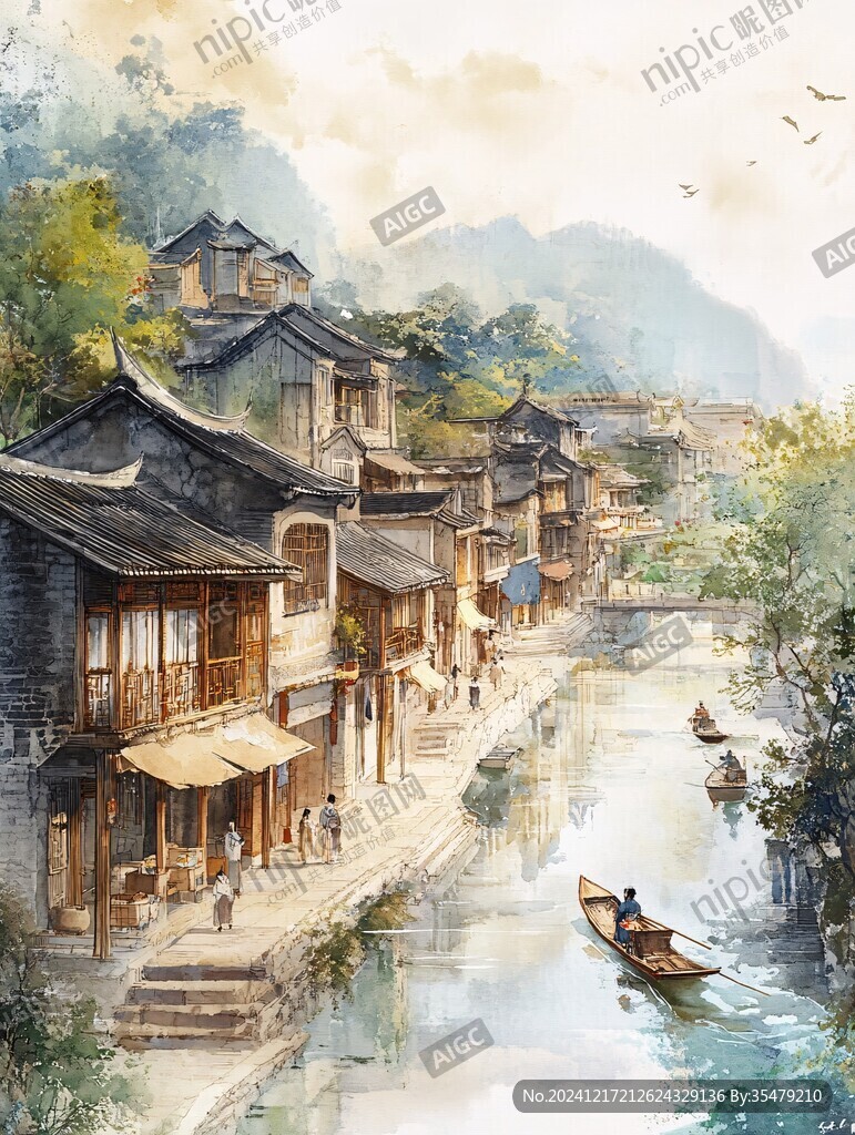 写实古镇插画