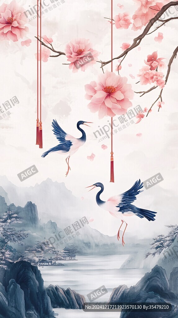 唯美仙鹤风景插画