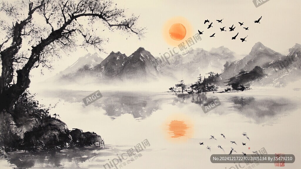 红日水墨山水