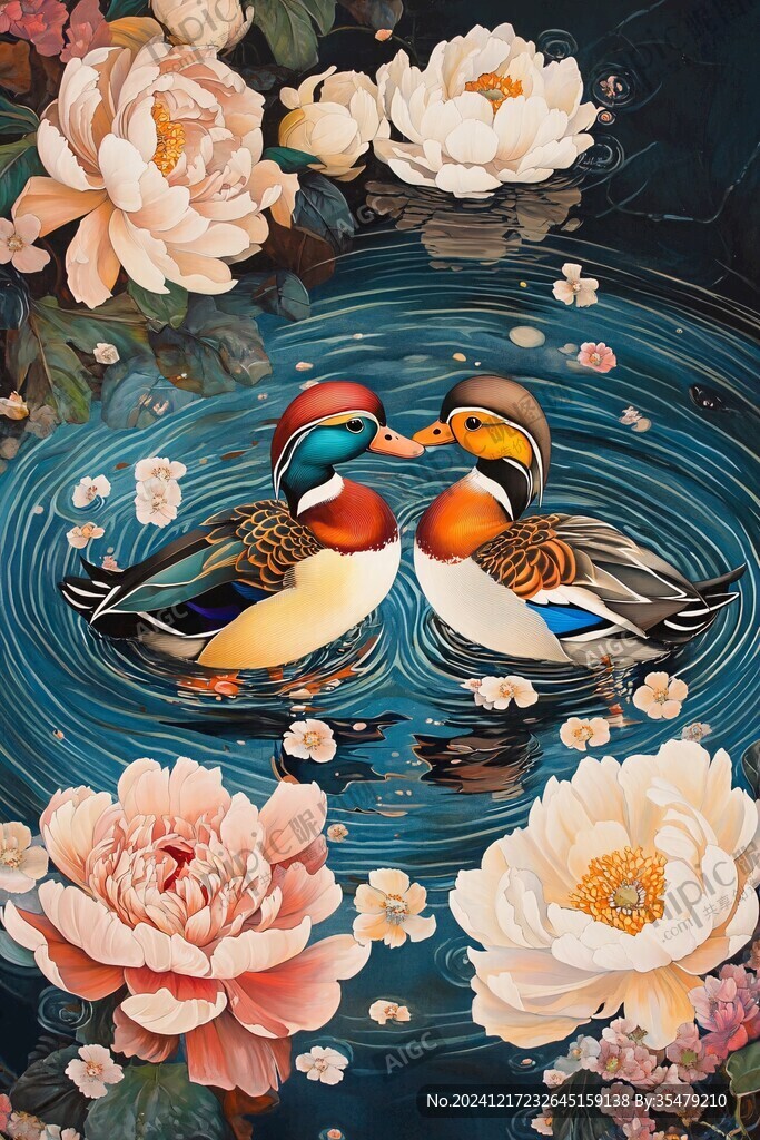 移门工笔画冰晶画鸳鸯