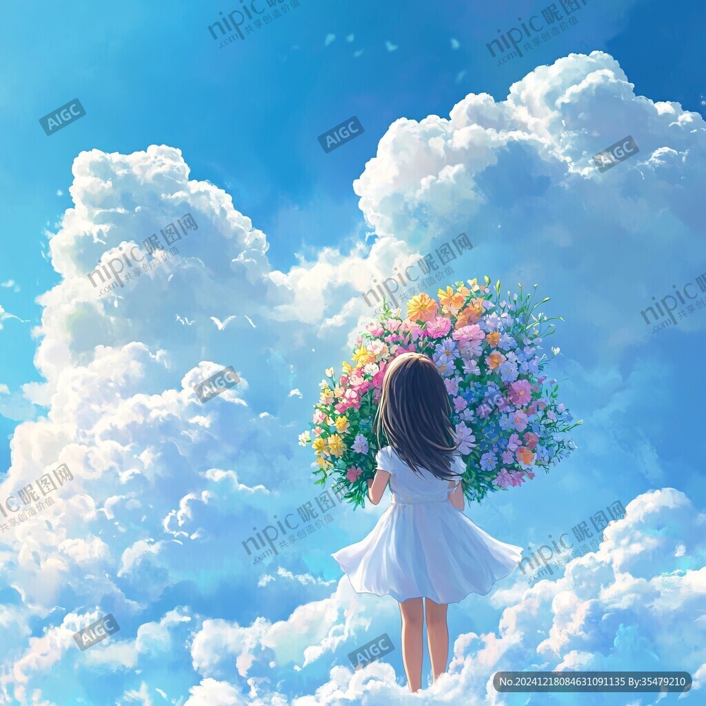 蓝天白云女孩插画